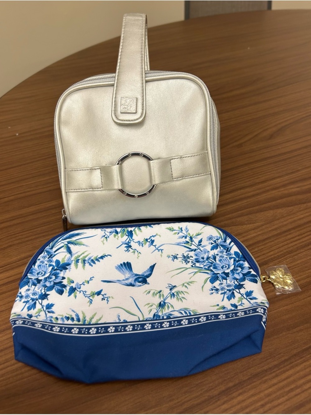(2) ESTEE LAUDER Silver Metallic Cosmetic Case with Blue Floral Bird Zip Pouch